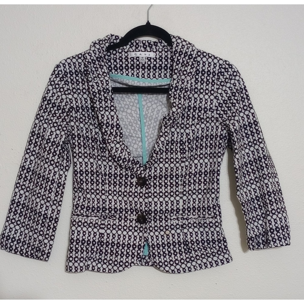 Cabi Black White Geometric Circle Print 2-Button Blazer Jacket Style 206 Size 0